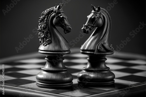  a black and white photo of a chess board with a horse head on top of the chess board and a horse head on the board.  generative ai photo