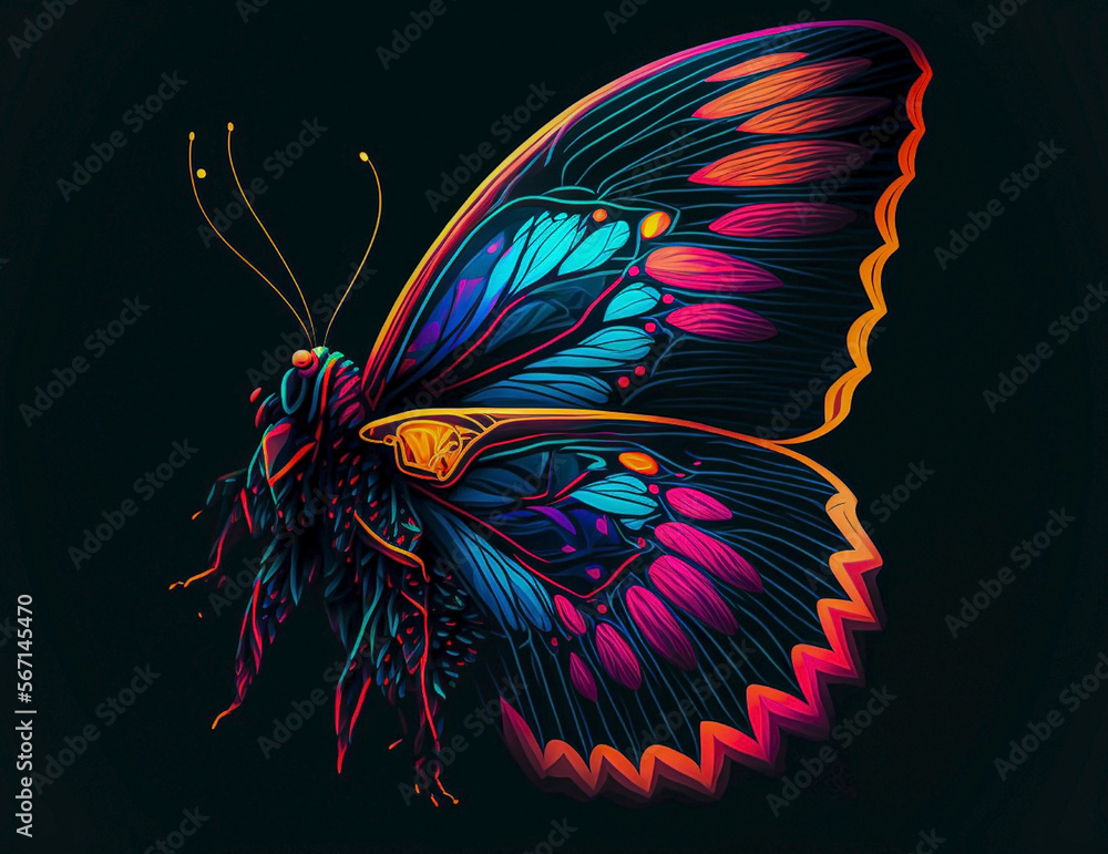 drawing or illustration of a butterfly with beautiful colors and a black background