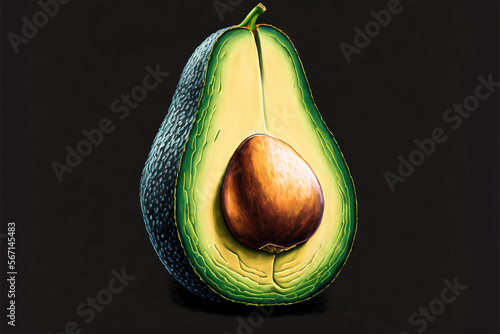  a painting of an avocado on a black background with a green stem and a brown spot in the center of the image, with a black background.  generative ai
