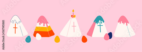Set of Easter cakes with catholic crosses vector illustration. Pressed cottage cheese dessert and painted eggs. Hand drawn clip art elements isolated on pink