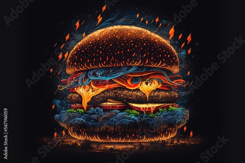  a large hamburger with flames on it on a black background with a black background and a black background with a black background and a black background with a.  generative ai