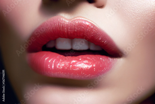 Beautiful and sensual female lips with pink lip gloss. AI generated image.