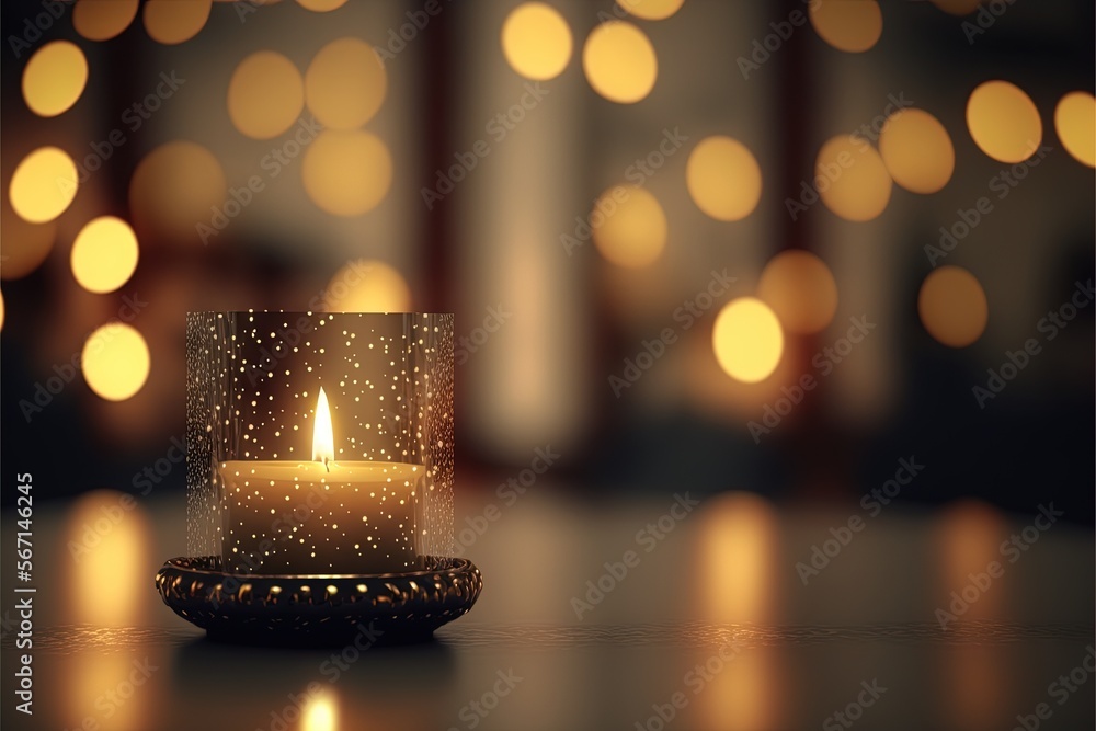 a lit candle sitting on a table in front of a window with lights in the background and a candle in the middle of the table. generative ai a lit candle sitting on a table in front of a window with lights in the background and a candle in the middle of the table. generative ai