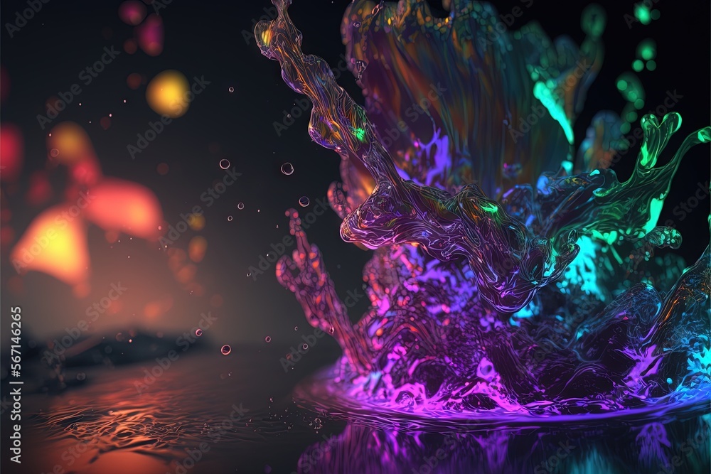  a multicolored liquid splashing on a black surface with a reflection of the light on the water and the colors of the water in the background.  generative ai