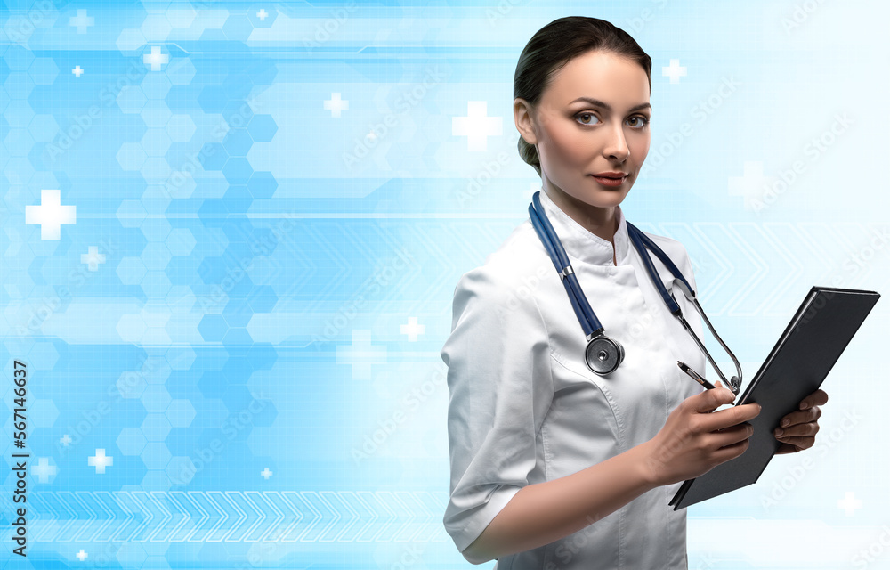 Woman doctor on blue and white futuristic background with medicine symbols Woman doctor on blue and white futuristic background with medicine symbols