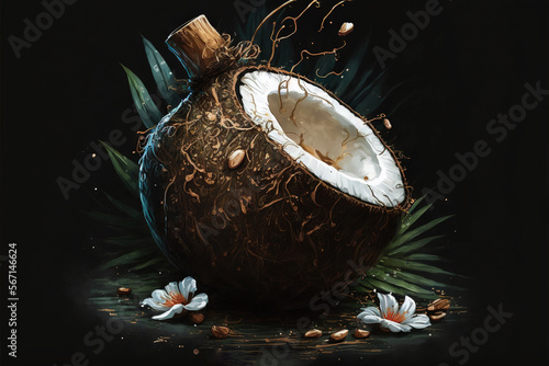  a painting of a coconut with a cork sticking out of it's shell and surrounded by leaves and flowers on a black background with a caption.  generative ai photo