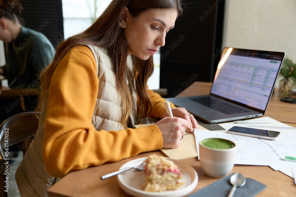 Close up of beautiful focused serious woman freelancer making notes using a laptop while having a lunch. Student preparing for exam filling out her schedule indoors sitting at the table in a cafe. Close up of beautiful focused serious woman freelancer making notes using a laptop while having a lunch. Student preparing for exam filling out her schedule indoors sitting at the table in a cafe.