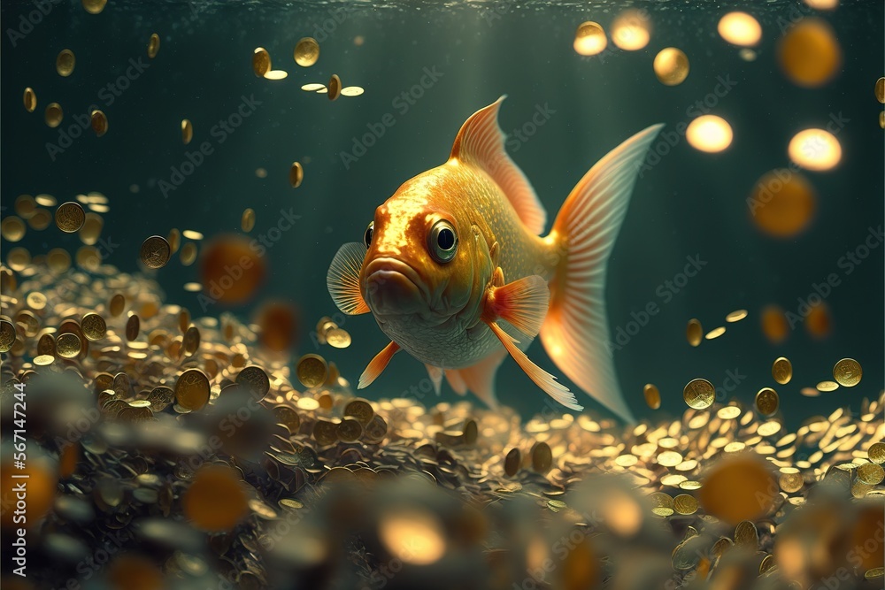 goldfish in aquarium with coins