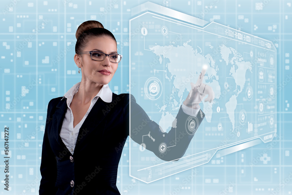 Young business lady in futuristic office with HUD. Global corporate concept Young business lady in futuristic office with HUD. Global corporate concept
