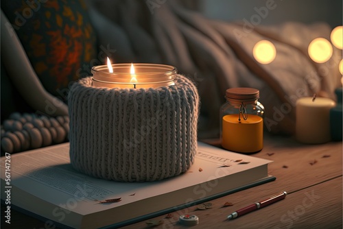  a knitted candle holder sitting on top of a book next to a jar filled with candles and a pen on a wooden table next to a pillow. generative ai