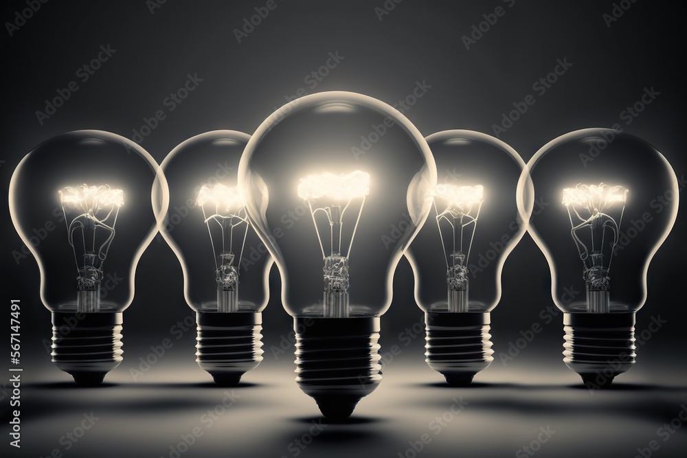 Glowing light bulbs on a dark background as a symbol of brainstorming and idea generation. Based on Generative AI Glowing light bulbs on a dark background as a symbol of brainstorming and idea generation. Based on Generative AI