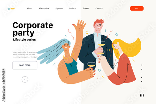 Lifestyle website template - Corporate party - modern flat vector illustration of business people entertaining in the office at corporate, drinking champagne. People activities concept