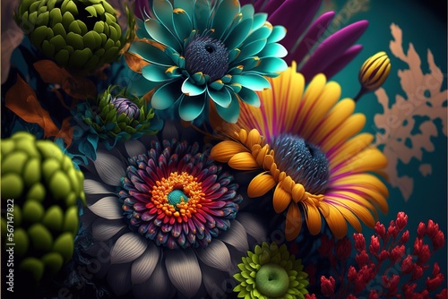  a bunch of flowers that are on a table together in a painting or drawing style, with a black background and a blue background with a yellow center. generative ai