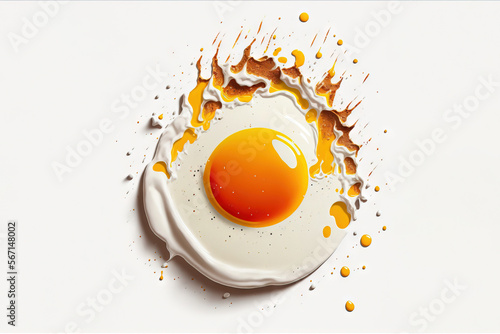  a fried egg with a yolk in a white bowl on a white surface with orange and yellow drops of paint on the side of the plate. generative ai