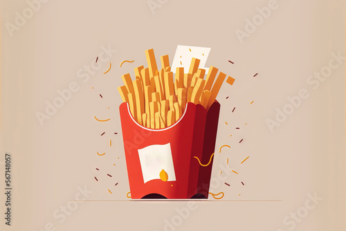  a red box filled with french fries on top of a white tablecloth with confetti around it and a sign that says fiis.  generative ai photo