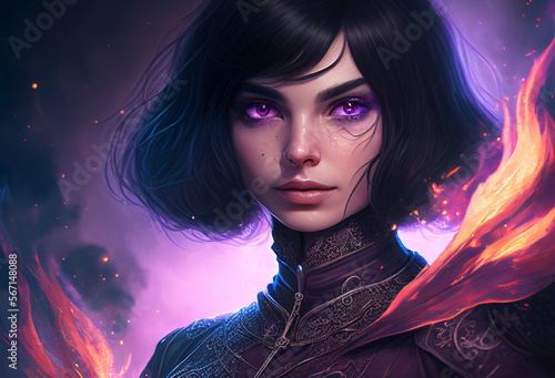 Fantasy culture beautyfull witch with magic and purple eyes