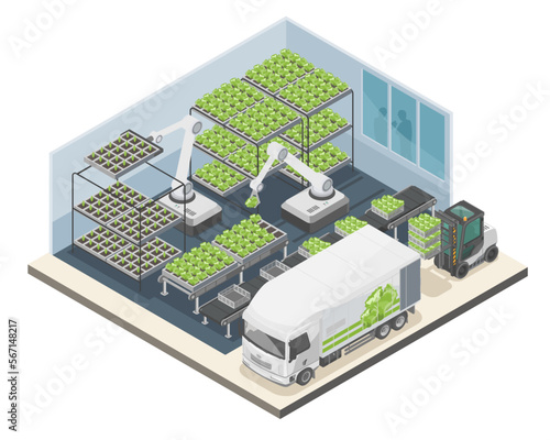 Vertical Farming Plant Factory vertical vegetable farming concept plant factory use robot and ai isometric isolated illustration 
