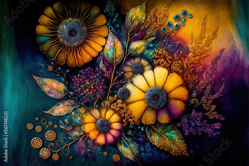  a painting of flowers and leaves on a black background with a blue background and a yellow flower in the center of the painting is a blue background. generative ai