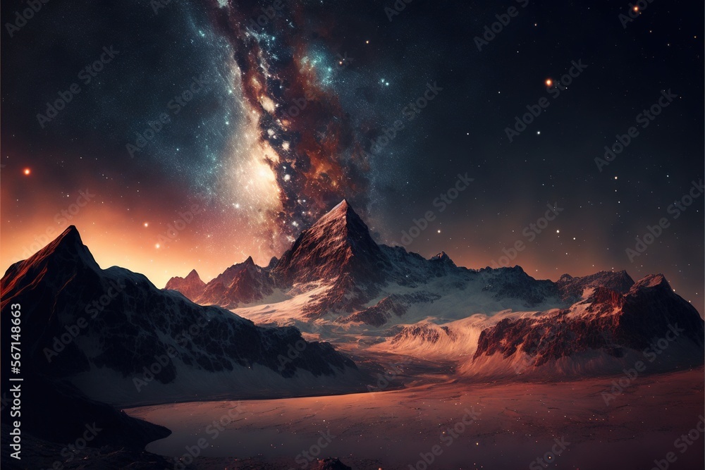  a very tall mountain covered in snow under a night sky filled with stars and a spirally spirally shaped structure in the middle of the mountain.  generative ai