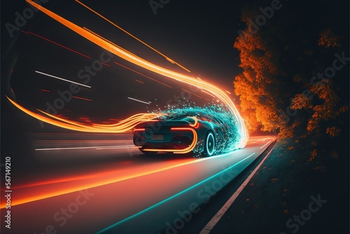  a car driving down a road at night with bright lights on the side of the road and trees on the side of the road,.  generative ai © Shanti