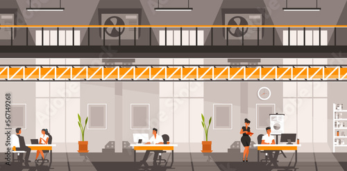 Loft style co-working office. Modern workspace in an industrial building. Business people at work. Vector illustration
