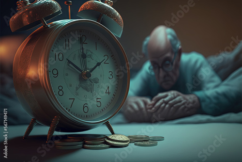  a man laying on a bed next to an alarm clock and a pile of coins in front of him with his hand on his face.  generative ai