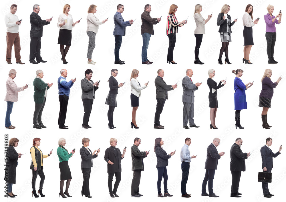 group of people profile holding phone in hand isolated group of people profile holding phone in hand isolated