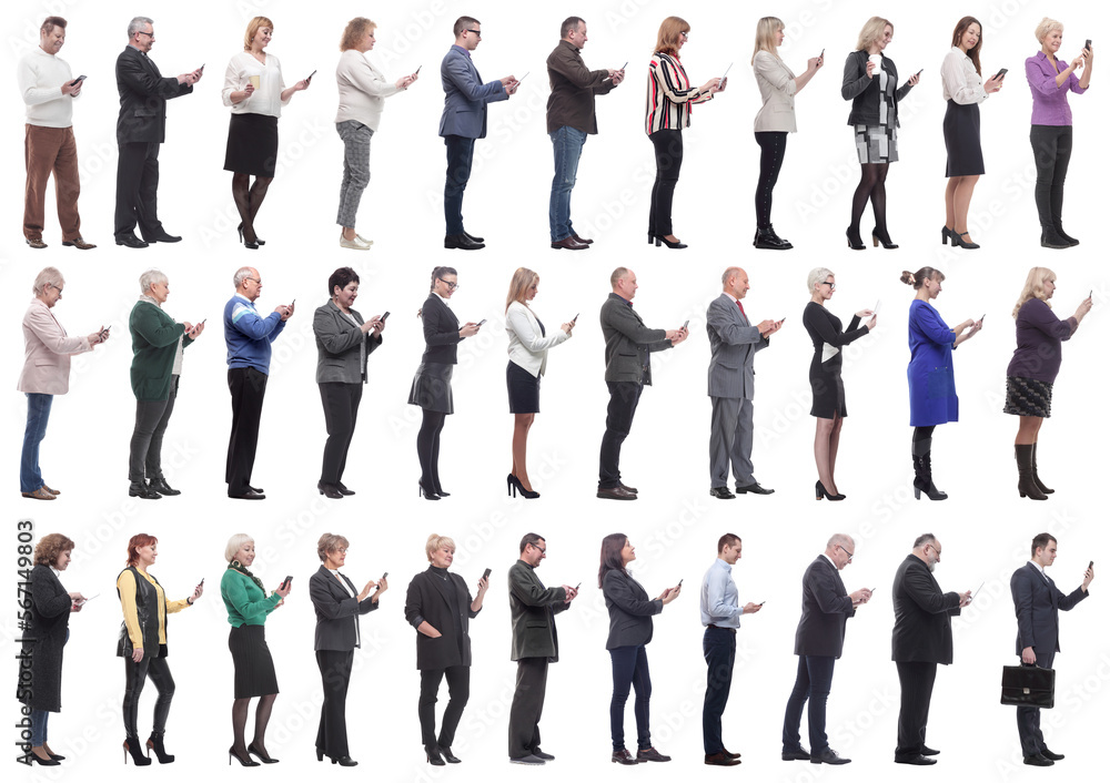 group of people profile holding phone in hand isolated