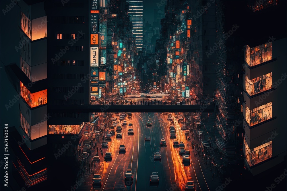 a city street filled with lots of traffic under tall buildings in the ...