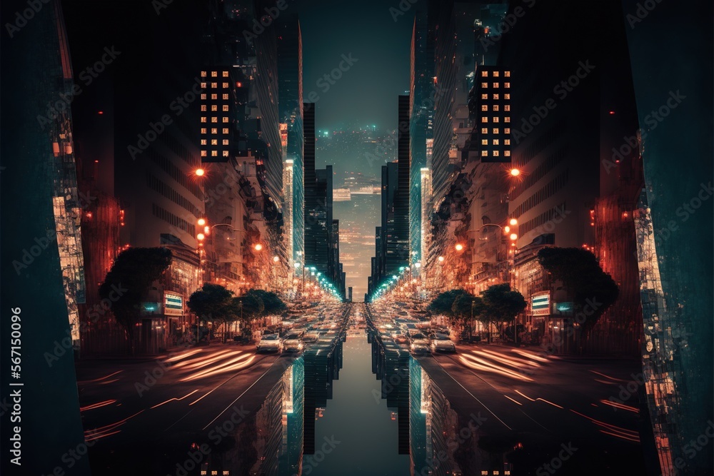  a night scene of a city street with a reflection of the buildings in the water and the street lights reflecting off of the street lights.  generative ai