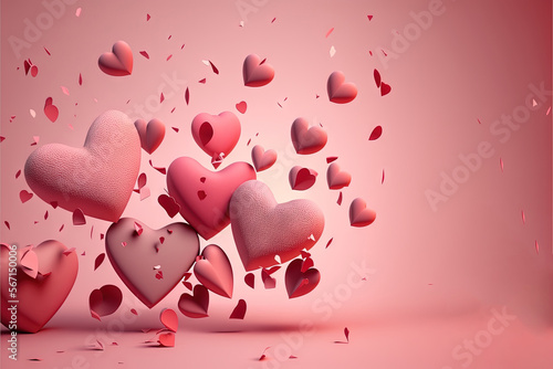  a bunch of hearts that are flying in the air with a lot of hearts coming out of them on a pink background with confetti. generative ai