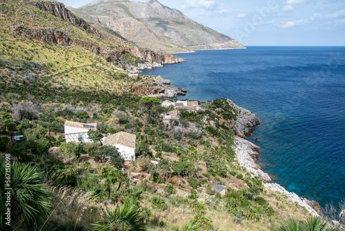 View from above of the bay and the small village of Uzzo in the Zingaro Nature Reserve, near San Vito Lo Capo.
