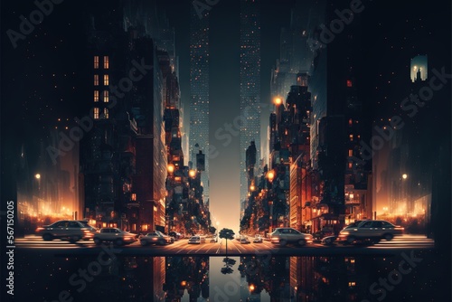  a night scene of a city street with a lot of traffic and tall buildings in the background with a reflection of the street lights in the water. generative ai