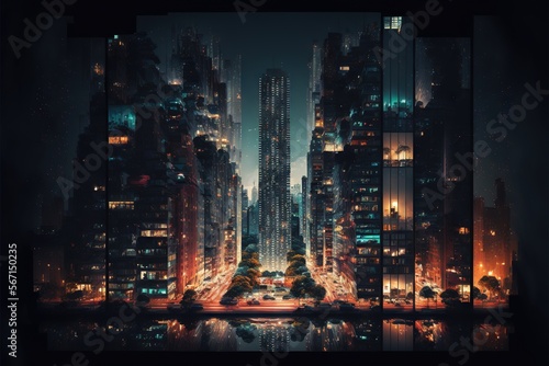  a night scene of a city with skyscrapers and a river in the foreground and a reflection of the city lights in the water.  generative ai photo