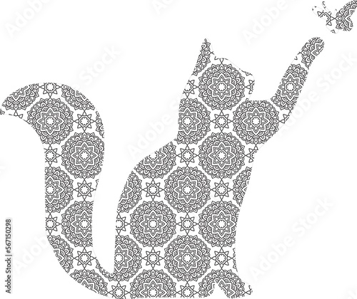 Cat Mandala vector hand drawn coloring page