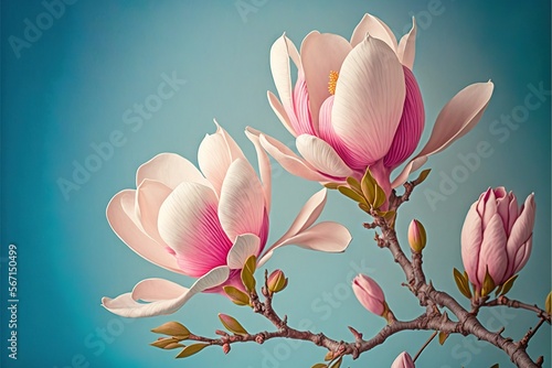  a painting of pink flowers on a branch with a blue sky in the background of the picture is a painting of pink flowers on a branch with green leaves.  generative ai