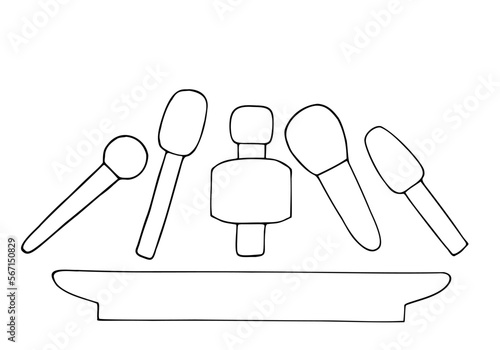 Many different microphones on the table, tribune during the press conference, interview. Freehand drawing. Doodle. Hand Drawn. Outline.	