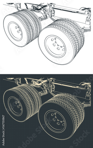 Tandem truck axle suspension close up