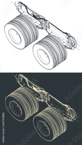 Tandem truck axle suspension isometric blueprints