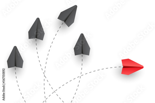 Think different. Individuality concept. Individual and unique leader red paper plane flies to the side. Vector