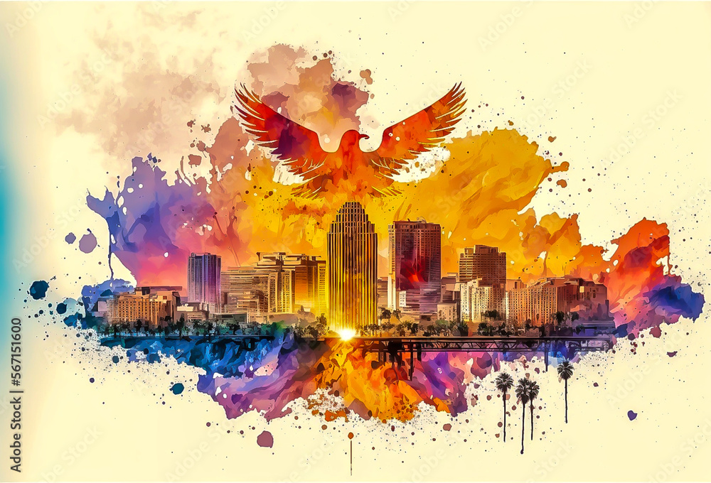 Watercolor Painting of Phoenix Arizona Sunset Wall Art Wallpaper of ...