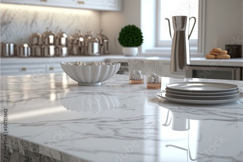  a kitchen counter with plates and bowls on it and a vase on the counter top in the background with a vase on the countertop. generative ai