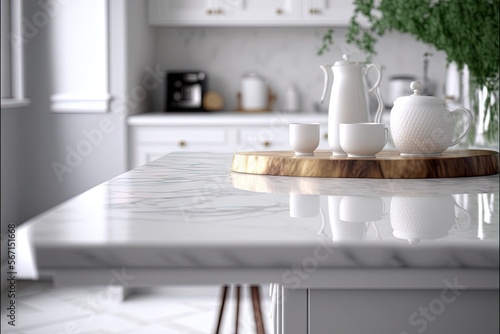  a kitchen with a marble counter top and a wooden cutting board with white vases on it and a potted plant in the background. generative ai