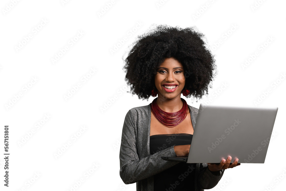 woman holding laptop computer typing on keyboard looking at camera, afro woman
woman holding laptop computer typing on keyboard looking at camera, afro woman