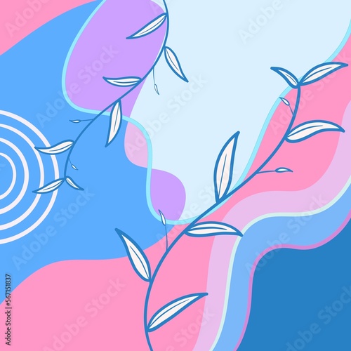 Blue background  cold colors  minimalist nature  modern  doodles  leaves  flowers in motion