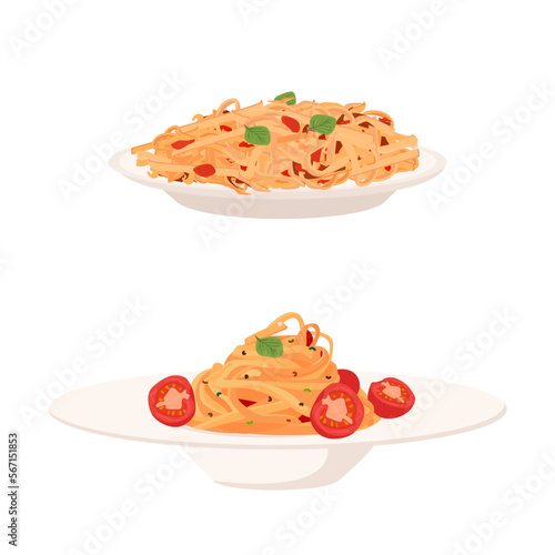 Assortment of spaghetti with tomato sauce, isolated on white background.
