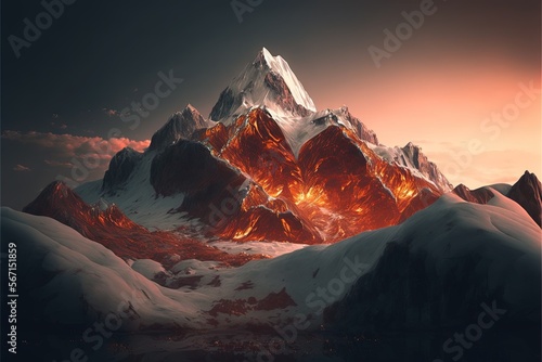  a mountain with a lot of snow on it and a red light coming from the top of the mountain in the distance is the sun. generative ai