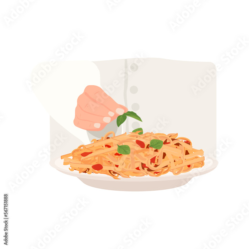 Chef decorating spaghetti with tomato sauce.