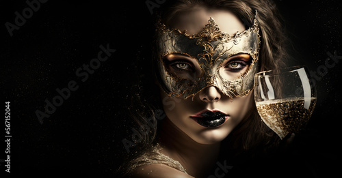 Fotótapéta Sexy model woman with glass of champagne wearing venetian masquerade mask black and gold makes eye contact