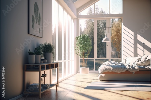  a room with a bed, a table, and a window with a view of the trees outside the window and a plant on the side of the bed.  generative ai